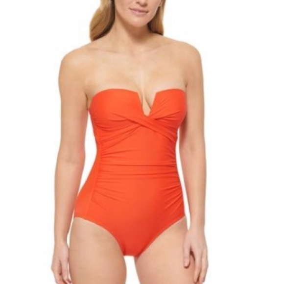 CALVIN KLEIN Women's Split-Neck Bandeau Removable-Strap Tummy-Control Swimsuit - Picture 6 of 13